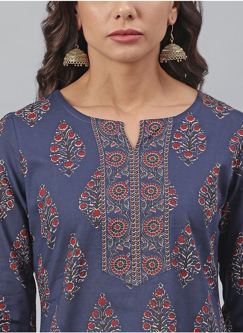 IndHeritage - IndHeritage -  Eid kurti set collection - Premium cotton 2pc kurti set - Dark blue colour women's 2pc kurti / kurta  set with floral design - Indian Kurti Set IDH00038 - Image 1