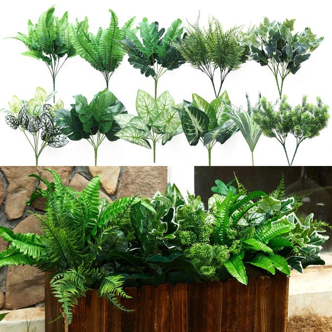 14 BUNCHES FAKE PLANTS OUTDOOR FAKE BUSHES UV RESISTANT ARTIFICIAL FLOWERS GREENERY SHRUBS FAUX GREENERY FOR OUTDOOR GARDEN PATIO FRONT PORCH YARD DECOR
