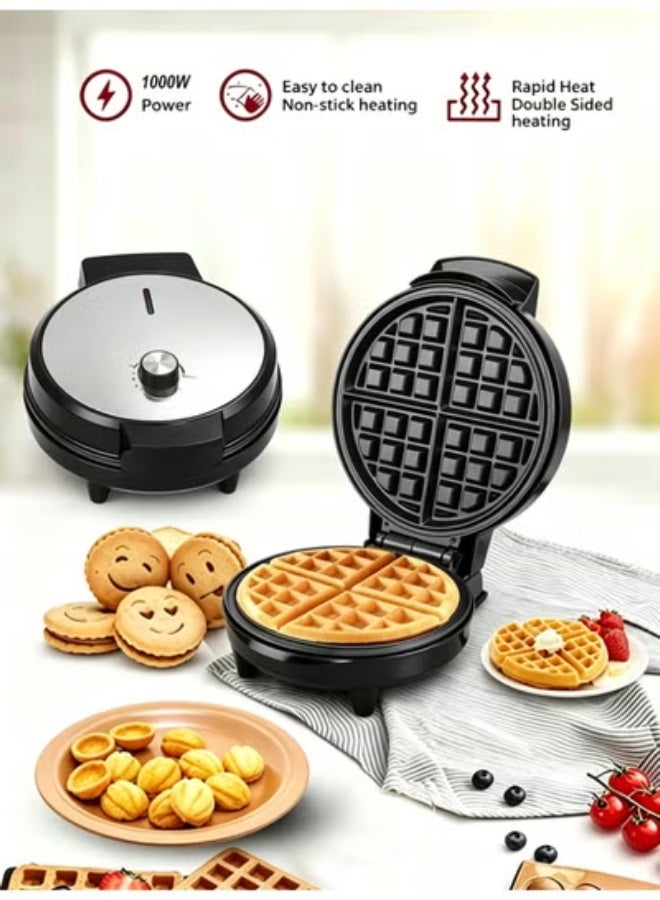 Electric Waffle Maker, Non-stick and Removable Plates, 1000W, Silver/Black - Image 1