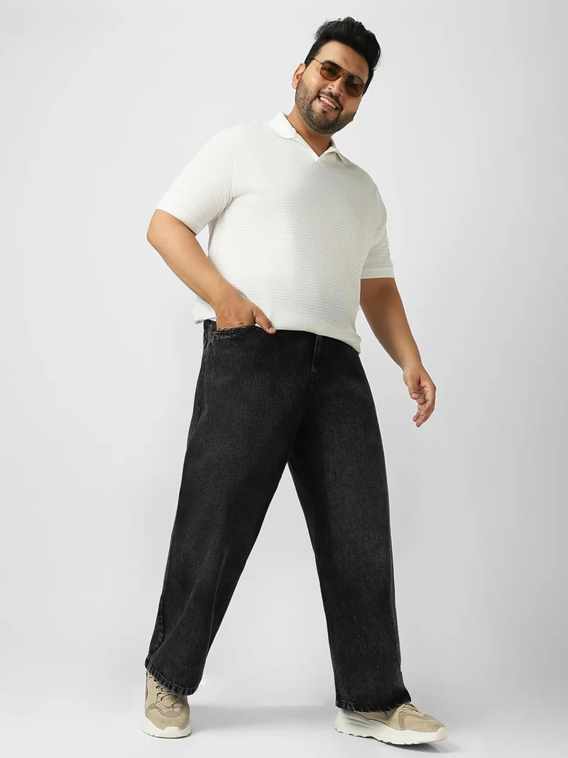 Urbano Fashion  Urbano Plus Men's Black Loose Baggy Fit Washed Jeans Non-Stretchable  | Best Price UAE