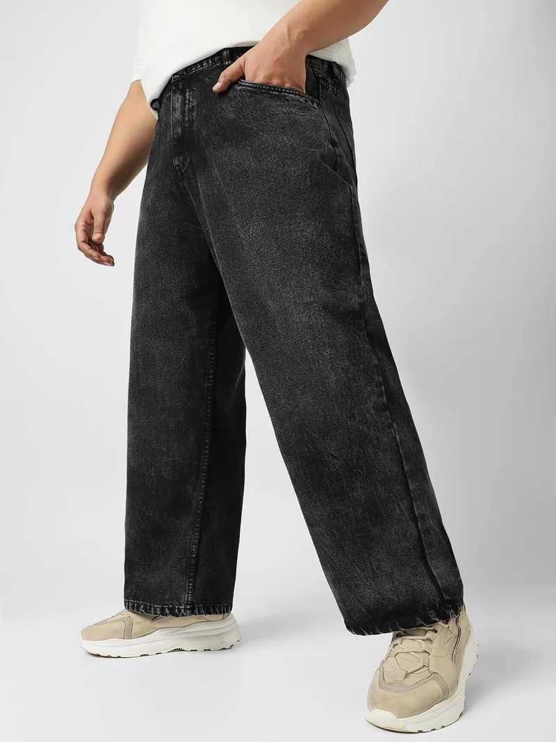 Urbano Plus Men's Black Loose Baggy Fit Washed Jeans Non-Stretchable