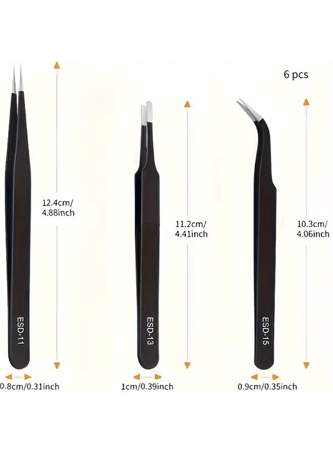 6Pcs Stainless Steel Precision Tweezer Set Antistatic For Electronics Welding Lab - Image 2