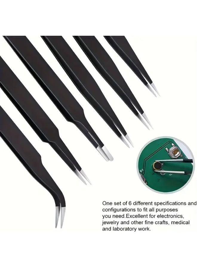 6Pcs Stainless Steel Precision Tweezer Set Antistatic For Electronics Welding Lab - Image 1