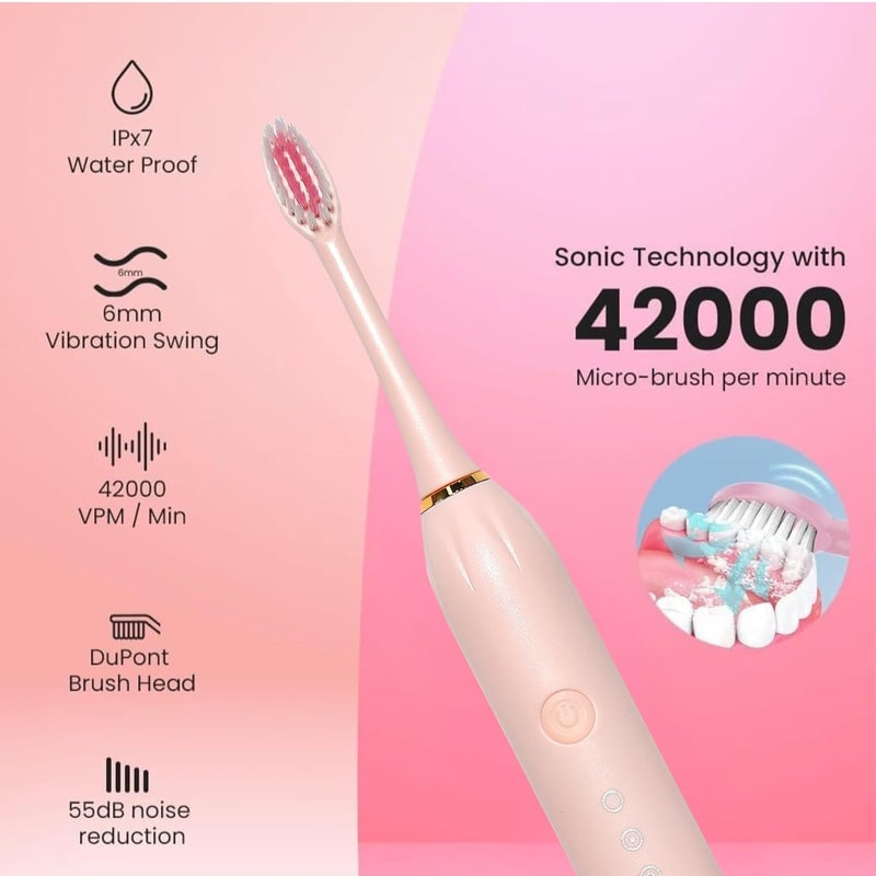 Dento-B Adult X-3 Sonic Electric Toothbrush With 3 Brush Heads 6 Brushing Modes 42000 Vibrations Per Minute 2 Hours Charging Lasts Upto 60 Days Ipx7 Waterproof Head 1 Year Warranty Multicolor (Pink) - Image 2