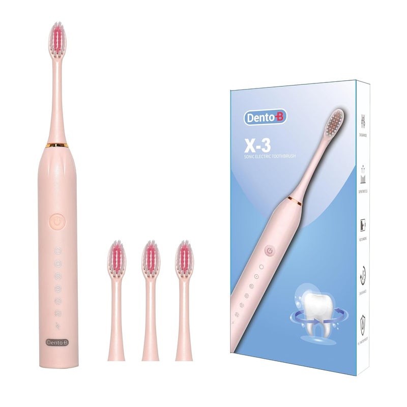 Dento-B Adult X-3 Sonic Electric Toothbrush With 3 Brush Heads 6 Brushing Modes 42000 Vibrations Per Minute 2 Hours Charging Lasts Upto 60 Days Ipx7 Waterproof Head 1 Year Warranty Multicolor (Pink) - Image 1
