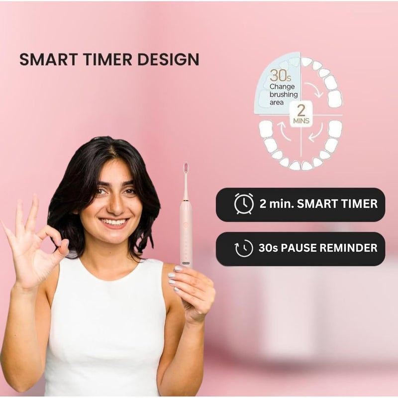 Dento-B Adult X-3 Sonic Electric Toothbrush With 3 Brush Heads 6 Brushing Modes 42000 Vibrations Per Minute 2 Hours Charging Lasts Upto 60 Days Ipx7 Waterproof Head 1 Year Warranty Multicolor (Pink) - Image 5