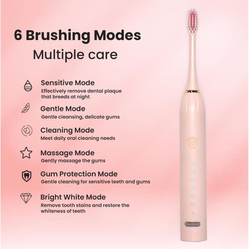 Dento-B Adult X-3 Sonic Electric Toothbrush With 3 Brush Heads 6 Brushing Modes 42000 Vibrations Per Minute 2 Hours Charging Lasts Upto 60 Days Ipx7 Waterproof Head 1 Year Warranty Multicolor (Pink) - Image 3