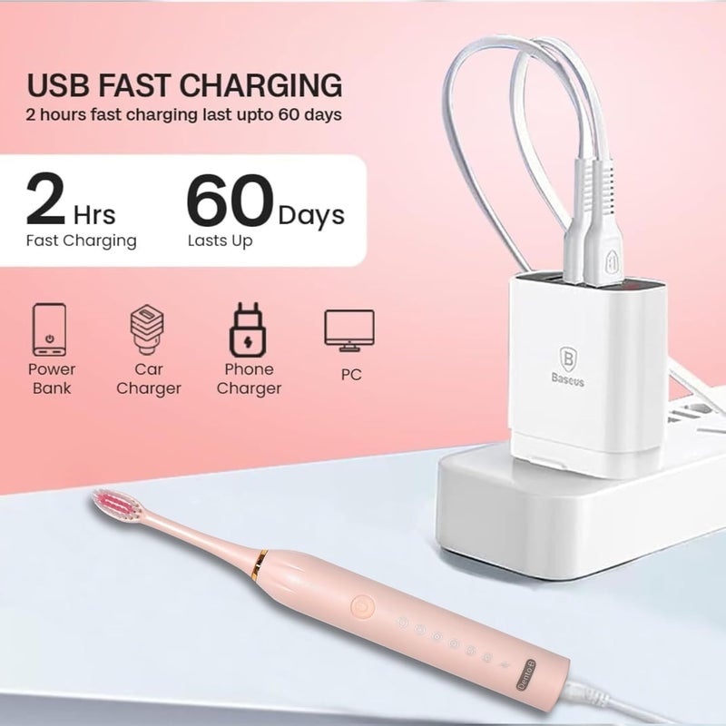 Dento-B Adult X-3 Sonic Electric Toothbrush With 3 Brush Heads 6 Brushing Modes 42000 Vibrations Per Minute 2 Hours Charging Lasts Upto 60 Days Ipx7 Waterproof Head 1 Year Warranty Multicolor (Pink) - Image 4
