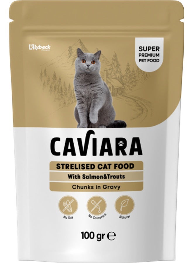 Caviara Pouch for Strelised Adult Cats  with Salmon&Trout    Chunks in Gravy 100gr