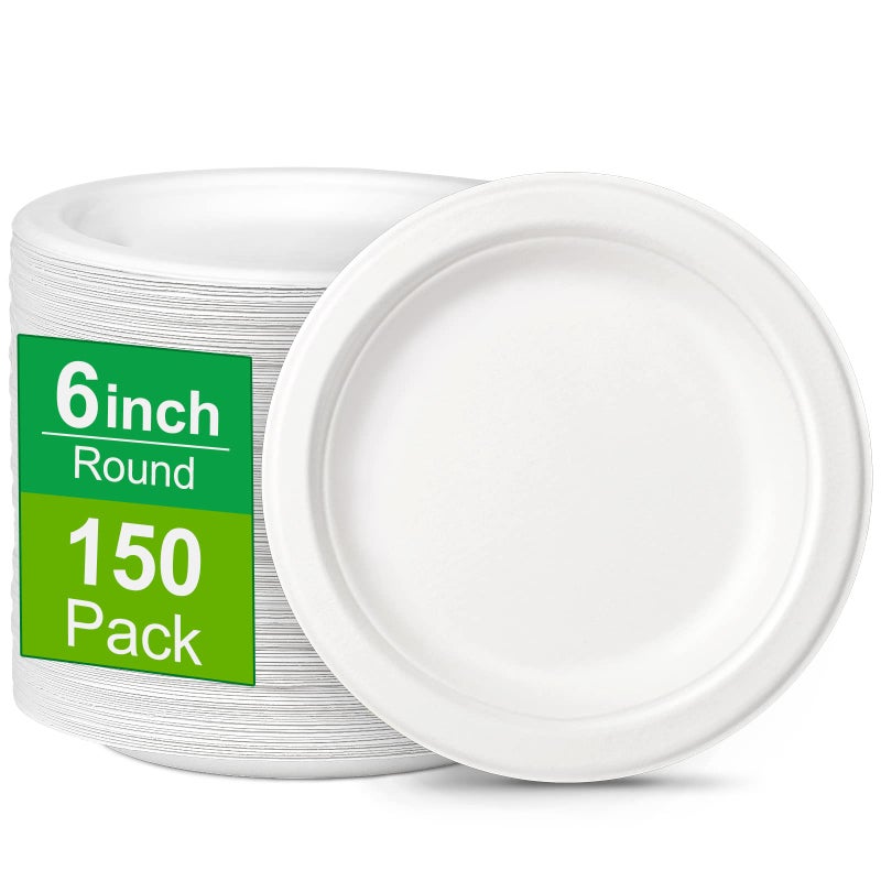 Greconv 150 Pack Compostable Eco-friendly Plates: Small  White Plates (6 inch)  Perfect for Dessert  Cake  Appetizer - Image 1