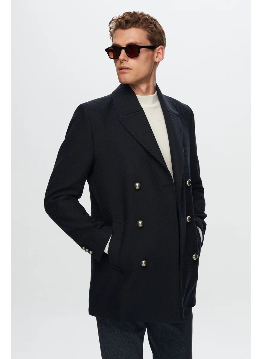 D'S DAMAT Regular Fit Navy Blue Herringbone Coat 1HF0832255049