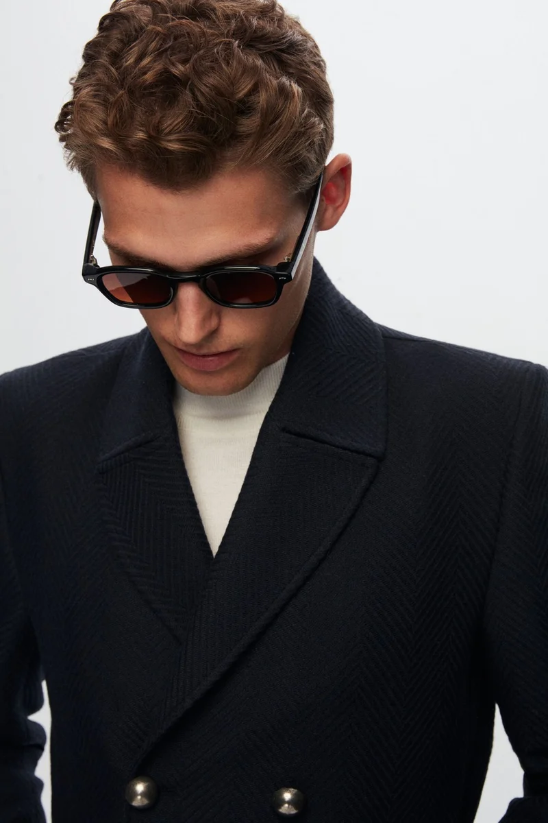 D'S DAMAT Regular Fit Navy Blue Herringbone Coat 1HF0832255049
