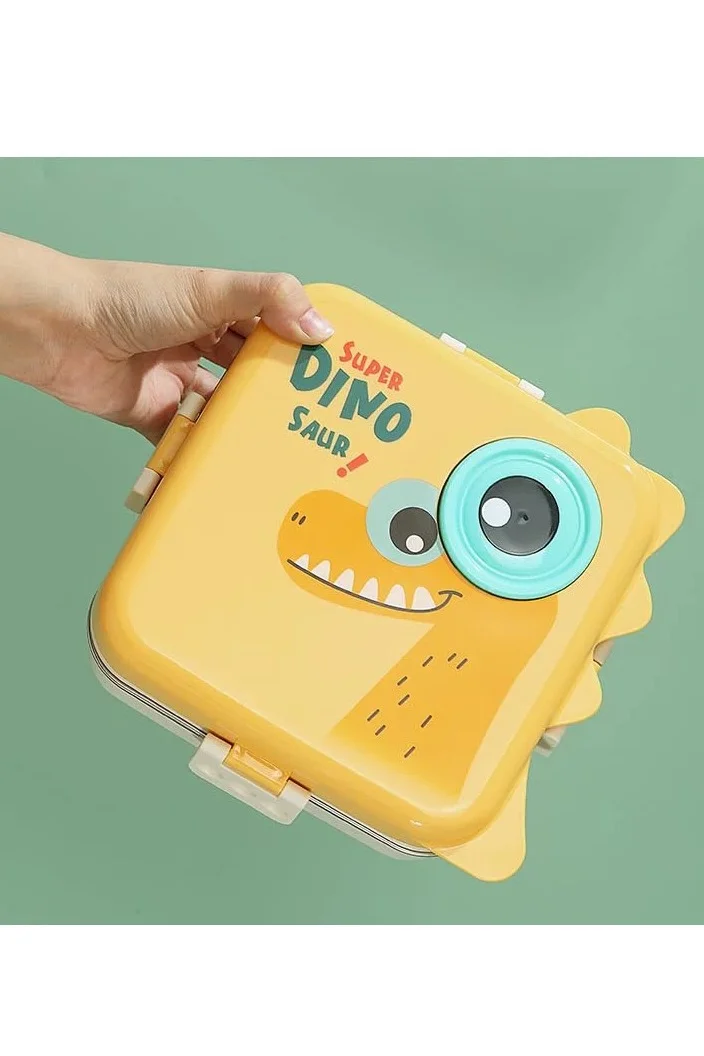 Mobcos Mobcos Kids Lunch Box Stainless Steel Insulated – Double Decker Leakproof Bento Box with Spoon, Soup Bowl, Dishwasher Safe, for School or Travel– Ideal for Children (Dino Yellow)