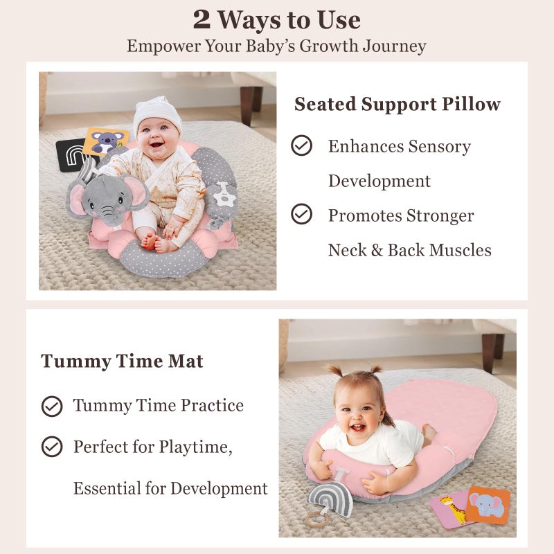 Foryoomi 4 in 1 Tummy Time Mat & Seated Support Pillows with Educational Cards, Play Mat, Sitting Support for Newborn 0-12 Months, Infant Baby Sit Me Up Floor Seat, Sensory Development Gifts, Elephant - Image 2