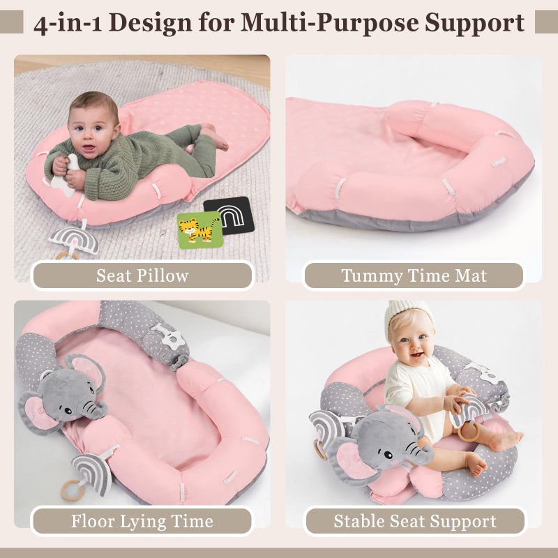 Foryoomi 4 in 1 Tummy Time Mat & Seated Support Pillows with Educational Cards, Play Mat, Sitting Support for Newborn 0-12 Months, Infant Baby Sit Me Up Floor Seat, Sensory Development Gifts, Elephant - Image 3