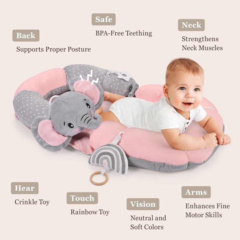 Foryoomi 4 in 1 Tummy Time Mat & Seated Support Pillows with Educational Cards, Play Mat, Sitting Support for Newborn 0-12 Months, Infant Baby Sit Me Up Floor Seat, Sensory Development Gifts, Elephant - Image 4