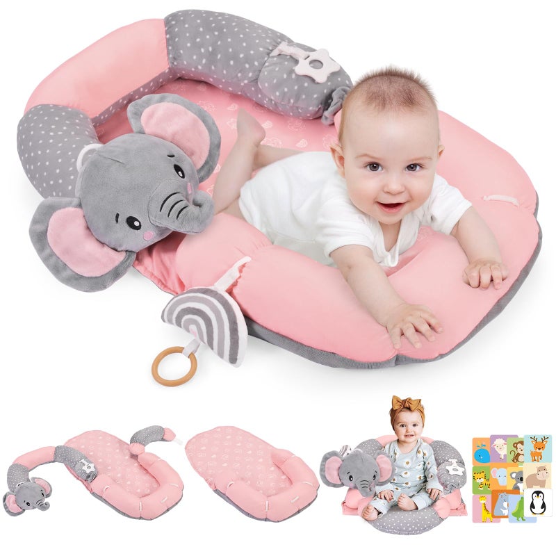Foryoomi 4 in 1 Tummy Time Mat & Seated Support Pillows with Educational Cards, Play Mat, Sitting Support for Newborn 0-12 Months, Infant Baby Sit Me Up Floor Seat, Sensory Development Gifts, Elephant - Image 1