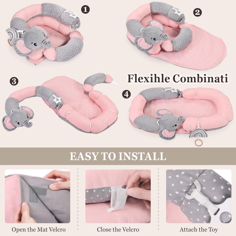 Foryoomi 4 in 1 Tummy Time Mat & Seated Support Pillows with Educational Cards, Play Mat, Sitting Support for Newborn 0-12 Months, Infant Baby Sit Me Up Floor Seat, Sensory Development Gifts, Elephant - Image 5
