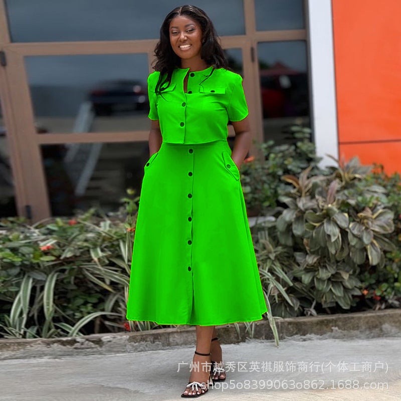 New Women'S 2025 Elegant Round Neck Short Sleeve Top High Waist Buckle Skirt Suit - Image 1