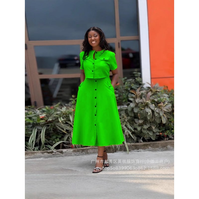 New Women'S 2025 Elegant Round Neck Short Sleeve Top High Waist Buckle Skirt Suit - Image 3