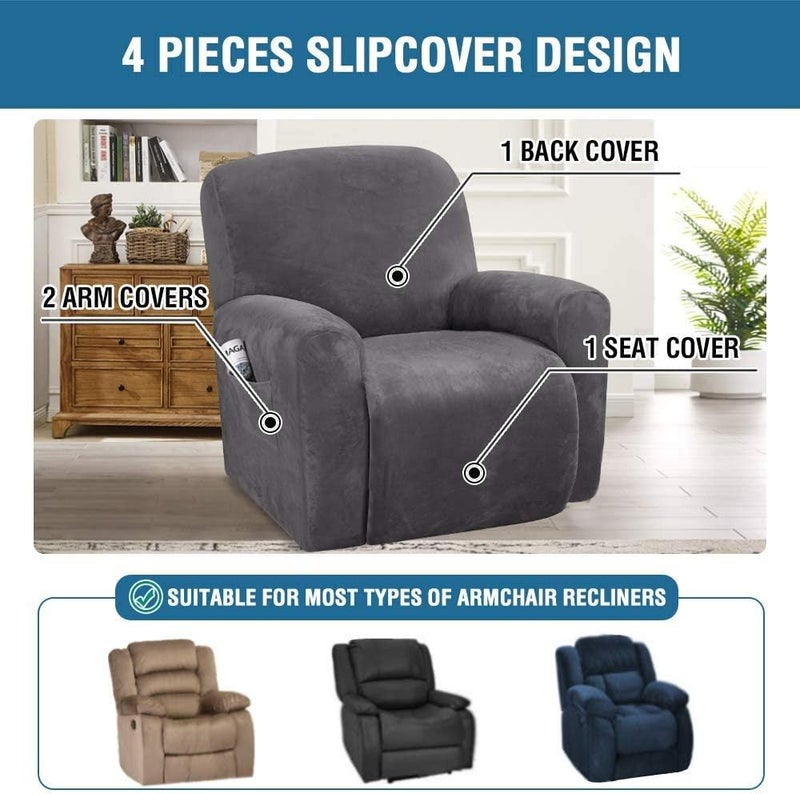 LINGKY 4-Piece Velvet Recliner Sofa Covers - Gray - Image 2