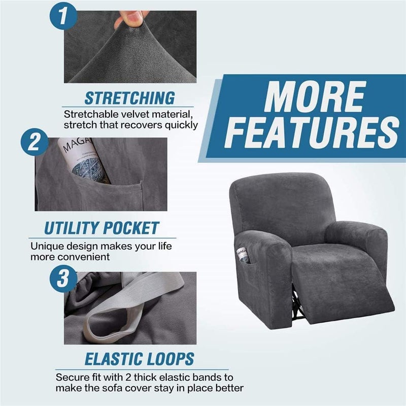 LINGKY 4-Piece Velvet Recliner Sofa Covers - Gray - Image 4