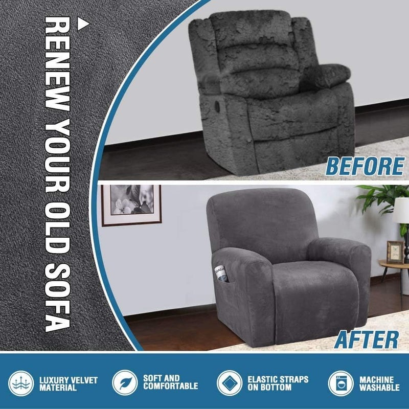 LINGKY 4-Piece Velvet Recliner Sofa Covers - Gray - Image 5