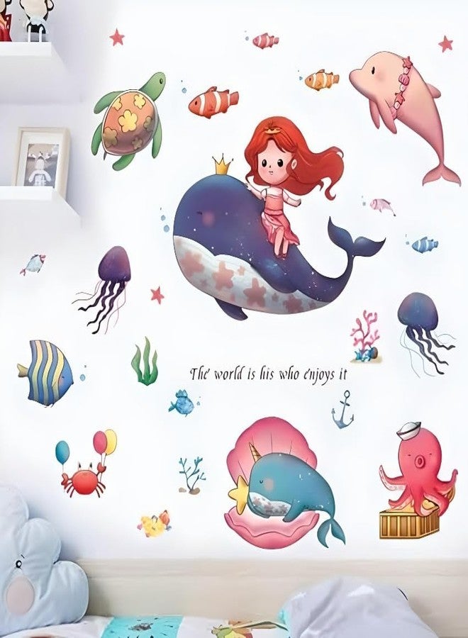 DREAM DECALS ملصق حائط حورية البحر لغرفة الأطفال، ملصقات حائط أسماك البحر لغرفة الأطفال، عناصر تزيين غرفة الأطفال، ملصقات حائط لغرفة المعيشة بحجم كبير (70 سم × 50 سم) - Image 5