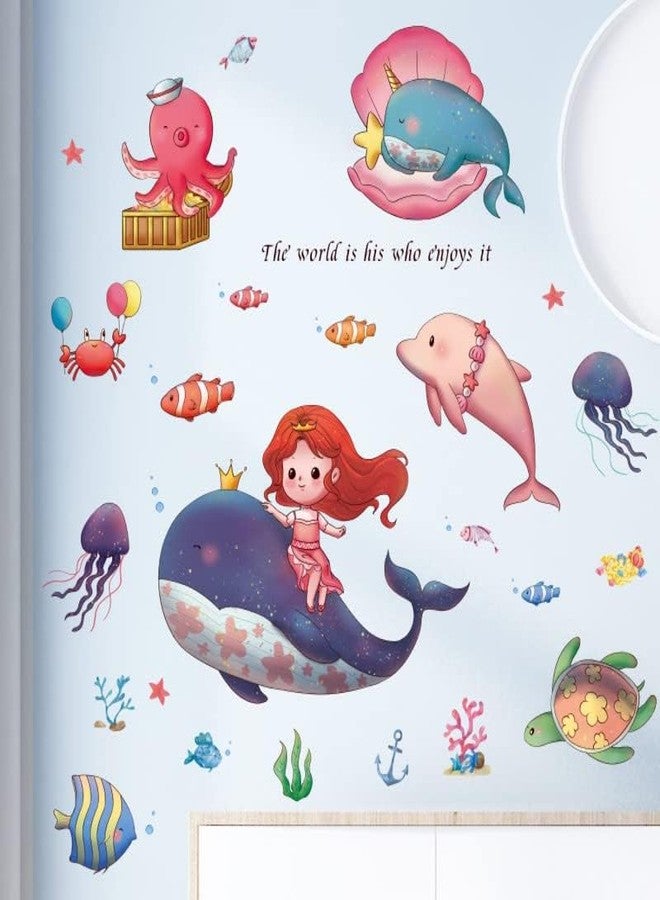 DREAM DECALS ملصق حائط حورية البحر لغرفة الأطفال، ملصقات حائط أسماك البحر لغرفة الأطفال، عناصر تزيين غرفة الأطفال، ملصقات حائط لغرفة المعيشة بحجم كبير (70 سم × 50 سم) - Image 4