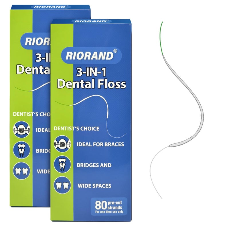 RioRand 160 Count Orthodontic Floss for Braces 3in1 PreCut Floss Threaders for Bridges Implants Permanent Retainers Builtin Stiffened End Spongy Expanding Floss PFASFree Pack of 2