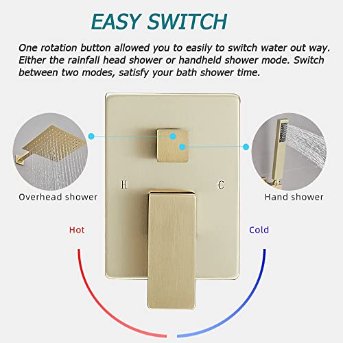 Heable Brushed Gold Shower System Bathroom Luxury Rain Mixer Shower Combo Set Wall Mounted Rainfall Shower Head System Shower Faucet Rough-in Valve Body and Trim Included - Image 4