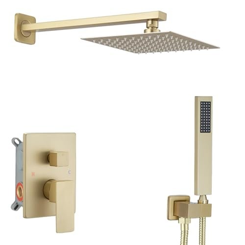 Heable Brushed Gold Shower System Bathroom Luxury Rain Mixer Shower Combo Set Wall Mounted Rainfall Shower Head System Shower Faucet Rough-in Valve Body and Trim Included - Image 1