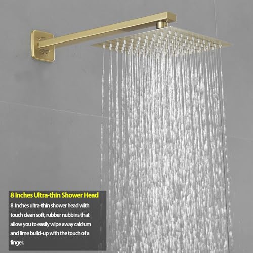 Heable Brushed Gold Shower System Bathroom Luxury Rain Mixer Shower Combo Set Wall Mounted Rainfall Shower Head System Shower Faucet Rough-in Valve Body and Trim Included - Image 2