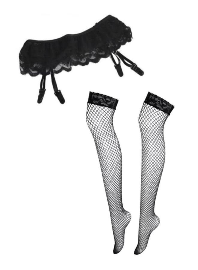 Ladies Fishnet Mesh Long Stockings Tights with Top Stockings Suspender Garter Belt - Image 1