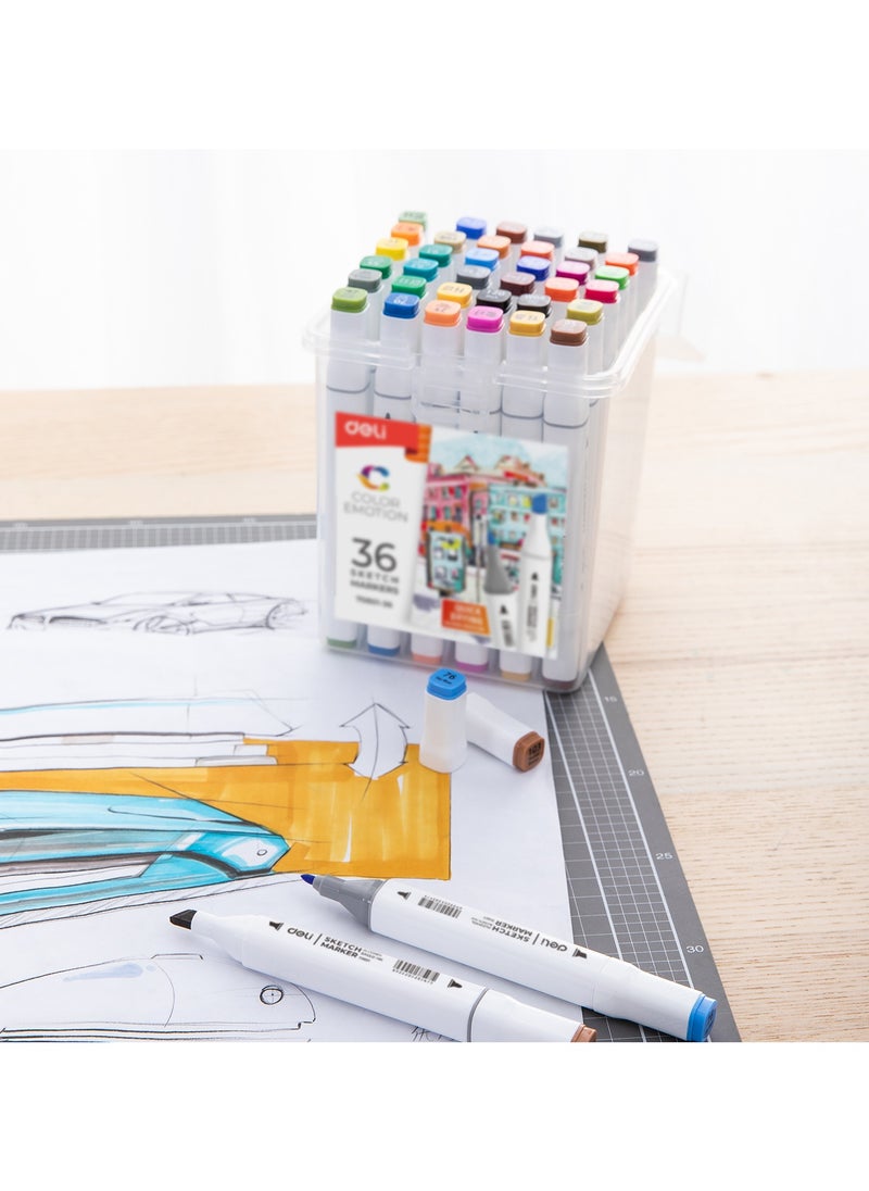 Deli Deli E70801-36 Sketch Marker Set – 36 Colors, Dual Tips (1mm Bullet & 7mm Chisel), Alcohol-Based Ink, Quick Dry, Excellent Blending  - Image 1