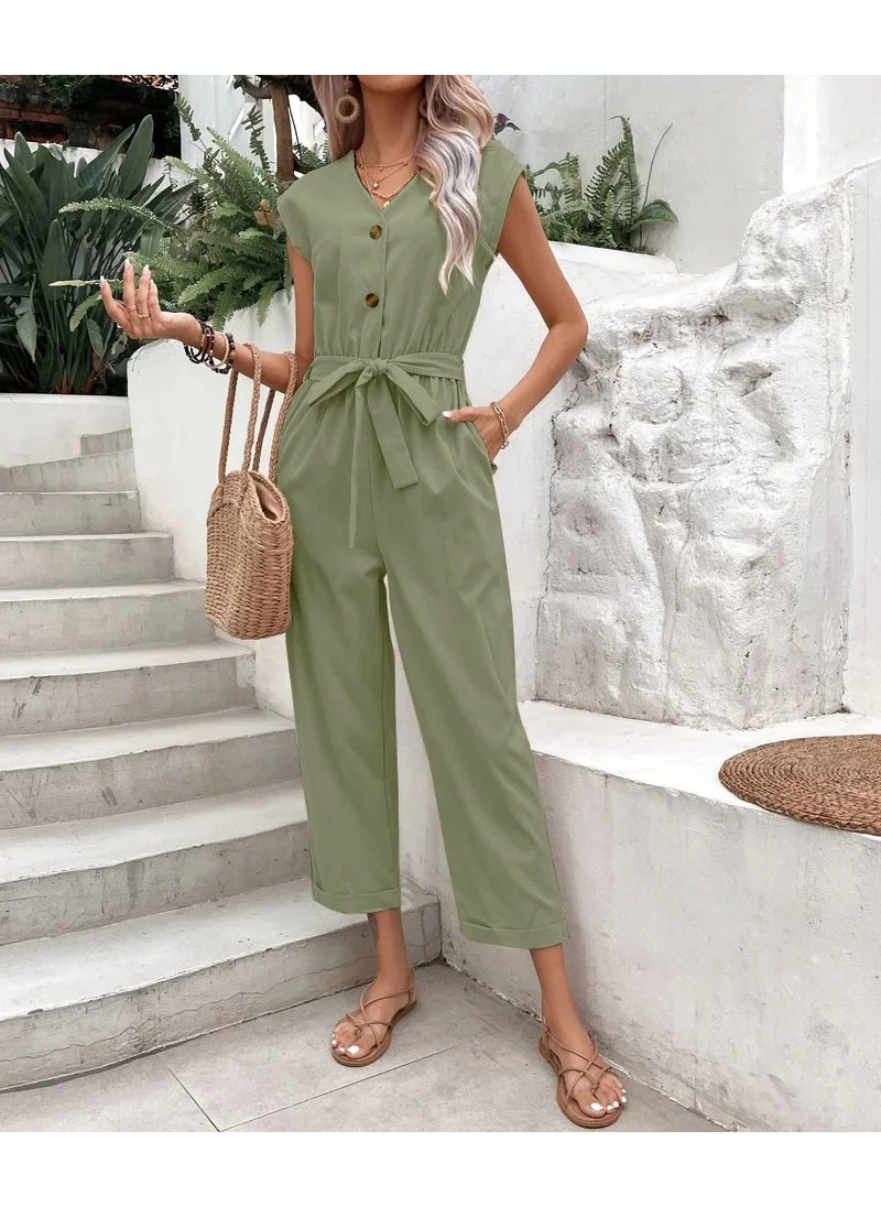 Barbora Linen Women's V-Neck Single-Breasted Sleeveless Jumpsuit