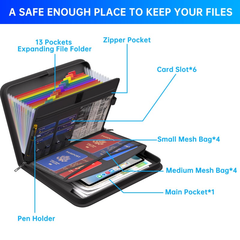 ENGPOW Accordion File Organizer,Fireproof Expanding File Folder with Multi Pockets,13 Colorful Pockets Document Organizer with Handle & Labels,Portable Home Travel Safe Storage for Letter A4 Files - Image 5