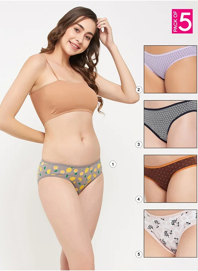 كلوفيا Clovia Pack of 5 Low Waist Printed Bikini Panty - Cotton