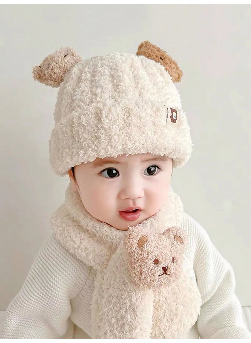 Winter Baby Hat and Warm Scarf Set with Cute Bear Design Ultra Soft Faux Fur Winter Accessory for Babies Aged 0-3 Years - Image 1