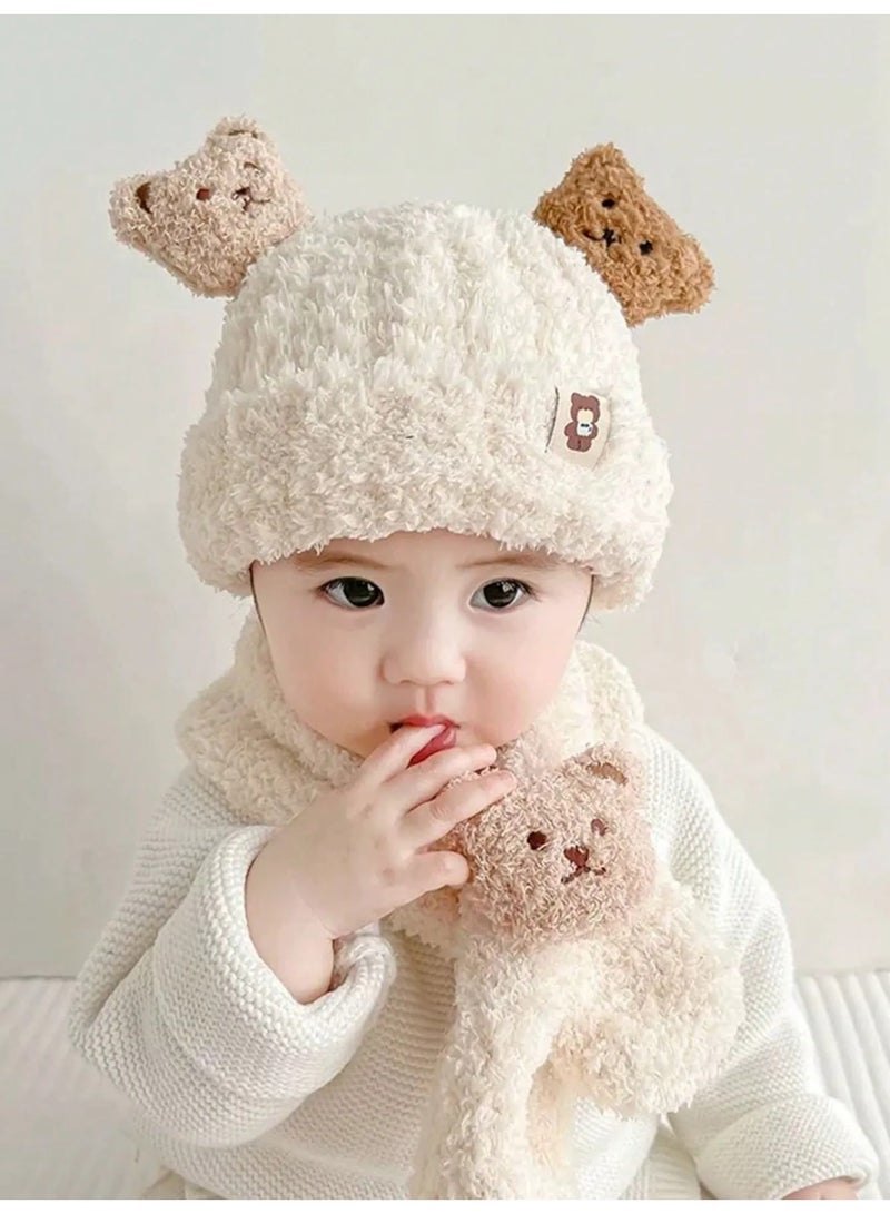 Winter Baby Hat and Warm Scarf Set with Cute Bear Design Ultra Soft Faux Fur Winter Accessory for Babies Aged 0-3 Years - Image 2