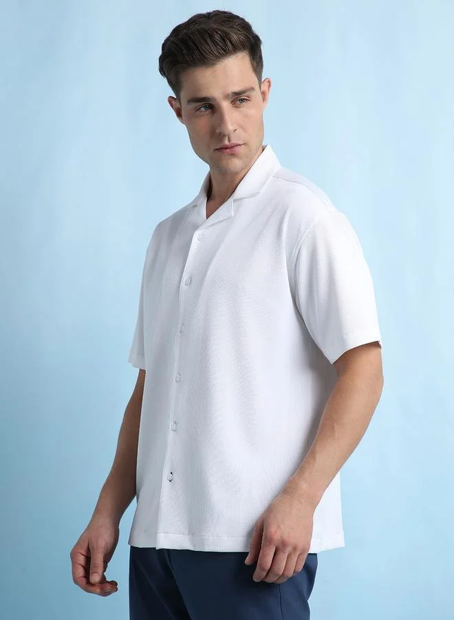 Dennis Lingo White Relaxed Fit Cuban Collar Half Sleeve Shirt For Men Tailored From Textured 100% Poly