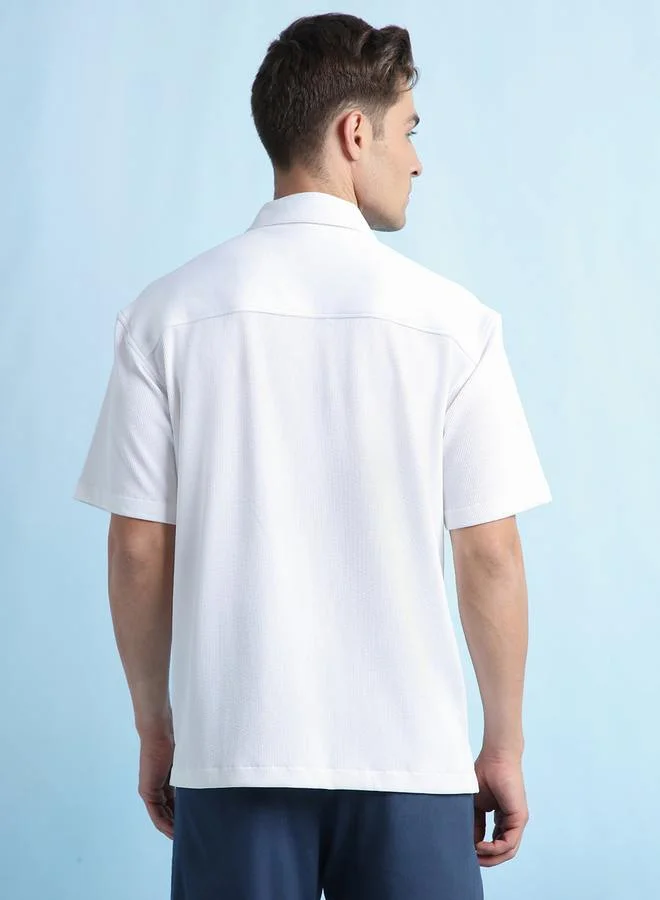 Dennis Lingo White Relaxed Fit Cuban Collar Half Sleeve Shirt For Men Tailored From Textured 100% Poly
