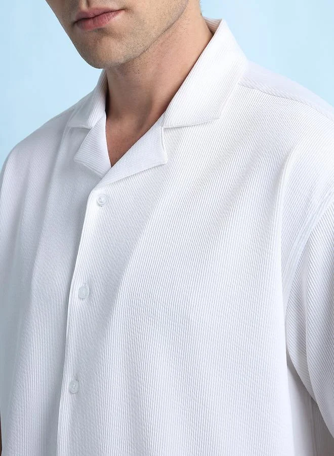 Dennis Lingo White Relaxed Fit Cuban Collar Half Sleeve Shirt For Men Tailored From Textured 100% Poly