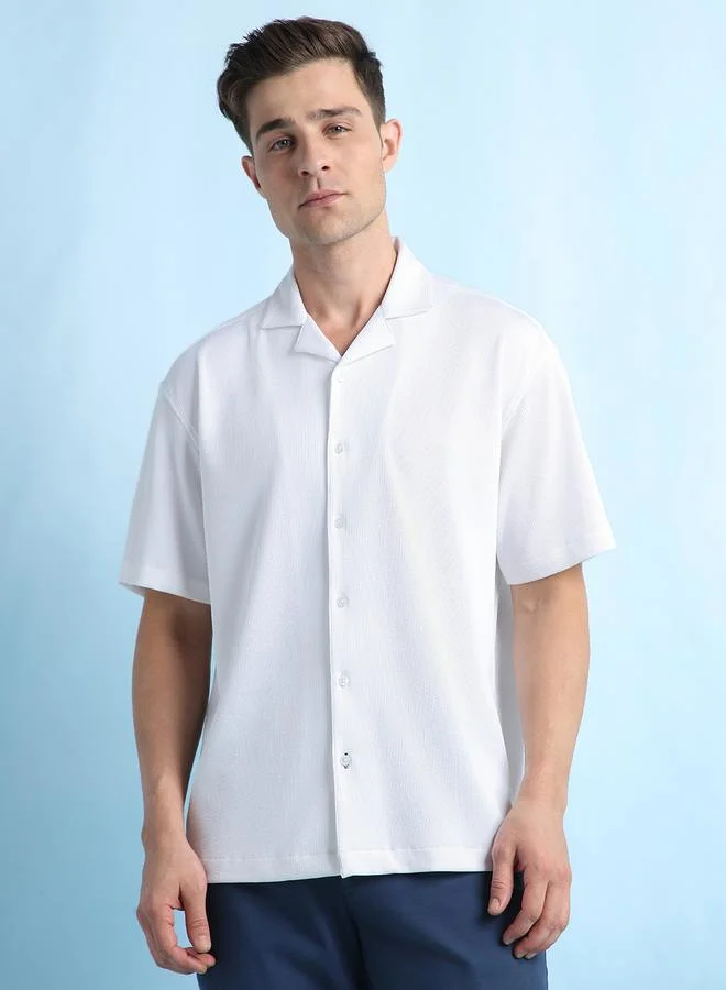 Dennis Lingo White Relaxed Fit Cuban Collar Half Sleeve Shirt For Men Tailored From Textured 100% Poly
