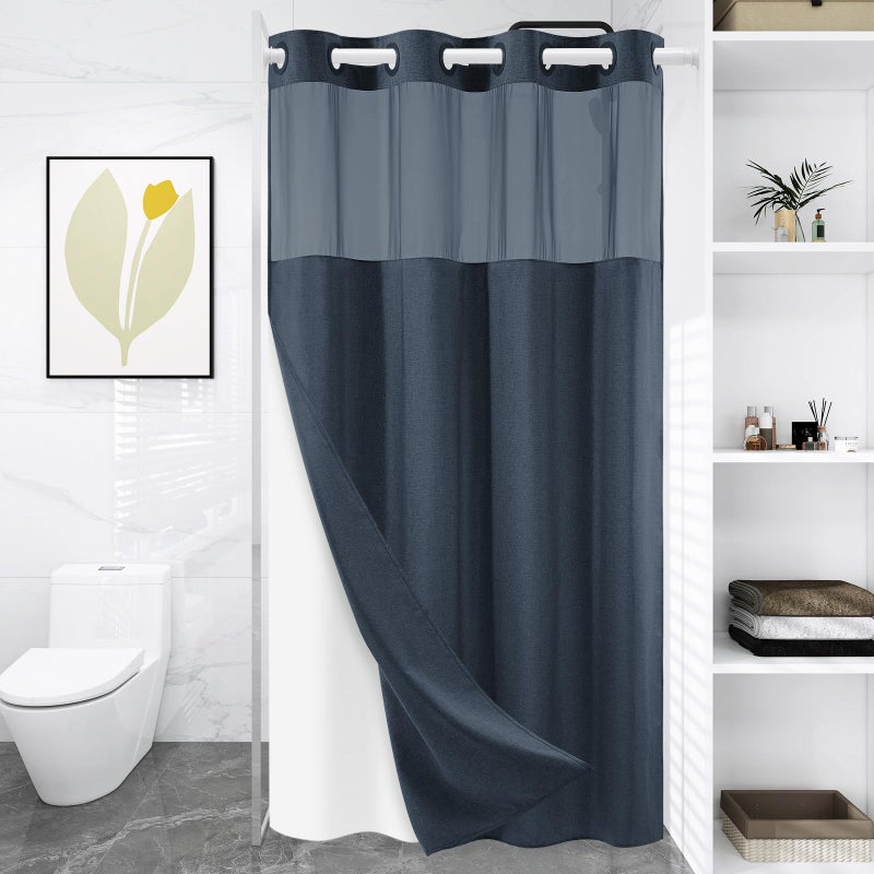 WONICY Small No Hook Shower Curtain with Snap in Liner  Polyester Textured Shower Curtain with Liner Set  Waterproof Washable Hotel Style Shower Curtains for Bathroom  54Wx80H  Navy - Image 1