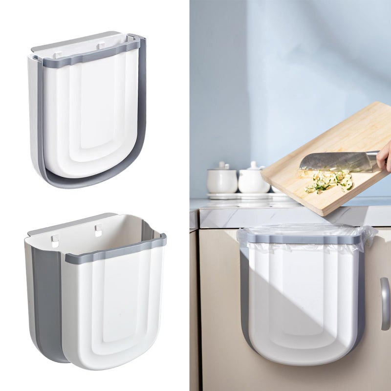 Soddeph Collapsible Hanging Trash Can for Kitchen Cabinet Door, 9L Plastic Foldable Waste Bin, 2.4 Gallon Small Wall Mounted Garbage Bin for Kitchen, Bathroom, Bedroom Countertop (Gray) - Image 1
