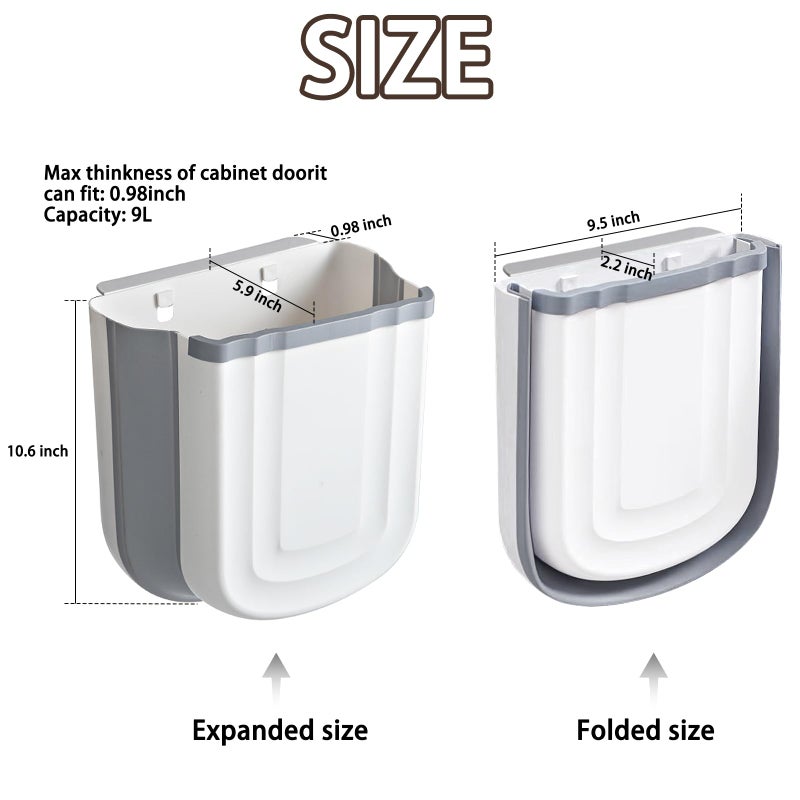 Soddeph Collapsible Hanging Trash Can for Kitchen Cabinet Door, 9L Plastic Foldable Waste Bin, 2.4 Gallon Small Wall Mounted Garbage Bin for Kitchen, Bathroom, Bedroom Countertop (Gray) - Image 2