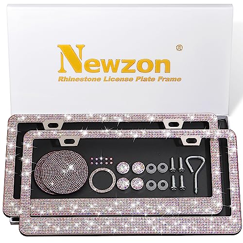 Newzon AB Bedazzled Crystal Car License Plate Cover 2 Pieces, Color Bling License Plate Frames with High End Ribbon Gift Box, Diamond Car Accessories with Coaster, Rhinestone Ignition Ring for Women - Image 1