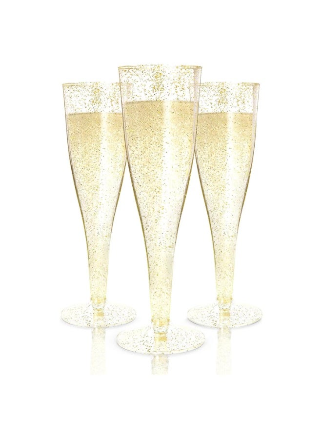 BOAO Set of 50 Clear Plastic Champagne Flutes - 4.5 oz Capacity Shatterproof Disposable Glasses - Suitable for Weddings, Cocktail Parties, and Outdoor Celebrations(Gold Glitter) - Image 1