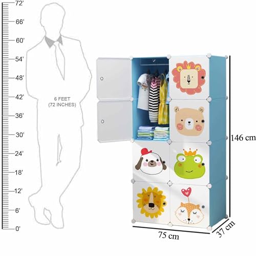 Zemic Collapsible Wardrobe for Clothes - DIY 𝟖 𝐂𝐮𝐛𝐞 Plastic Almirah for Clothes with Doors, Side Hanger, Foldable Wardrobe for Storage for Kitchen Home, Living, Office (Blue, 8 Cube) - Image 2